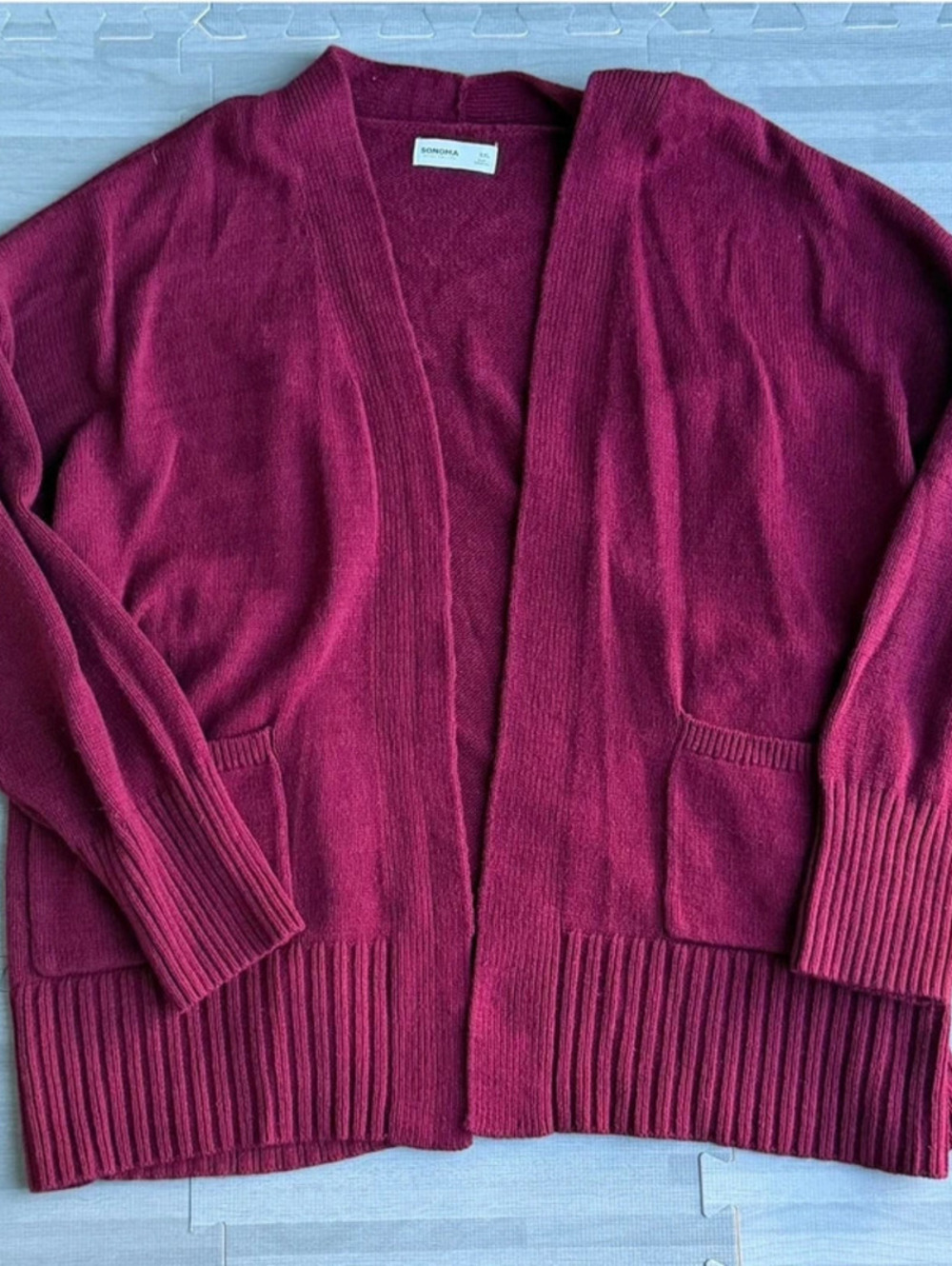 Sonoma XXL Womens Cardigan Burgundy Open Front Ribbed Knit Pockets